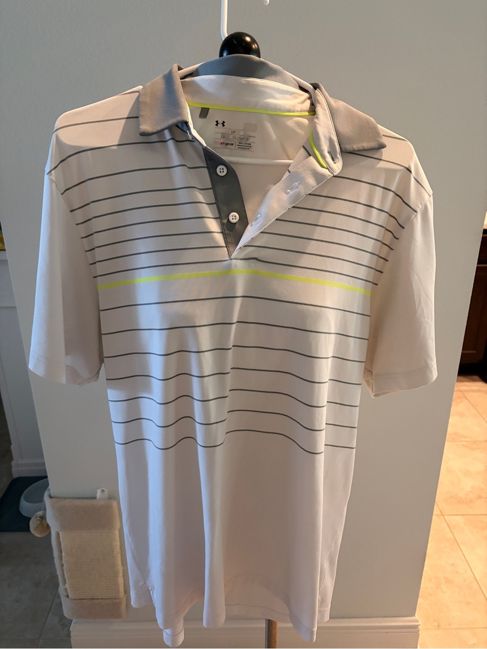 Under Armour Men’s White Polo with Gray Stripes and Neon Yellow Accent